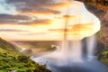 Seljalandsfoss waterfall at sunset, Iceland, Europe.