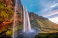 Seljalandsfoss Waterfall During Sunset in Southern Iceland Royalty Free Stock Photo