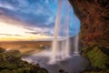 Seljalandsfoss Waterfall During Sunset in Southern Iceland Royalty Free Stock Photo