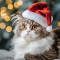 Selkirk Rex Radiance: Cat in a Santa Claus Hat Welcomes the New Year with Fluffy Elegance