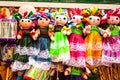 Sell of beautiful colorful mexican dolls in Xohimilco, Mexico. Royalty Free Stock Photo