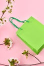 sell concept. green shopping bag on a pink background. decorating with spring flowers