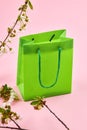 sell concept. green shopping bag on a pink background. decorating with spring flowers Royalty Free Stock Photo