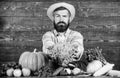 Sell vegetables. Man mature bearded farmer hold vegetables wooden background. Local market. Locally grown crops concept Royalty Free Stock Photo