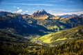 Dolomites, Passo Sella. Beautiful view of Canazei from Passo Sella. Dolomites, Italy.