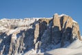 Sella with the Sella Towers covered in Snow. Winter Landscape in the Dolomites. Winter scenery just above Val Gardena