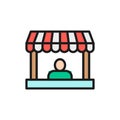 Seller behind the store counter flat color line icon.