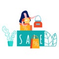 Seller at Cashier Desk Color Vector Illustration