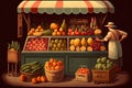 The seller at the counter with fresh vegetables and fruits in the market. Generative AI