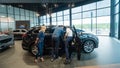 The seller demonstrates the interior of the car to buyers. Caucasian couple chooses a car.