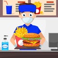 A seller in a fast food cafe wearing a medical face mask issues an order. Coronavirus