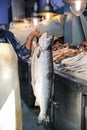 The seller holds in his hand a large salmon or Salmo salar in the greek fish shop.