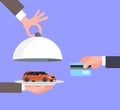 Seller Man Hand Giving Vechicle On Tray To Owner With Credit Card, Car Purchase Sale Or Rental Concept
