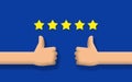 Seller and Shopper satisfaction concept. Both Giving A Positive Feedback With Five Golden Star rating and Thumps up hands.