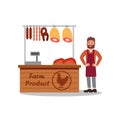 Seller standing near counter with fresh meat at local farmers market. Butcher shop. Flat vector design