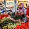 The seller of vegetables in the Turkish market. Kemer, Turkey.