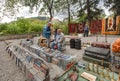 Seller of vinyl records waiting for music buyers at the popular flea market in Tbilisi