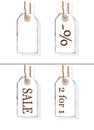 Seller's carton tags. Price labels. Discount, 2 for 1, percent. Vector isolated illustration for sales and offers