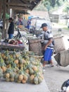 Sellers pineapple in Bedali traditional market at Blitar, Indonesia