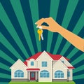 Selling and buying house real estate vector business concept with hands home key.