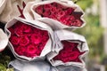 Selling flowers - A bouquet of red / pink roses wrapped in paper Royalty Free Stock Photo