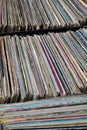 Stack of used vinyl records in covers put on sale Royalty Free Stock Photo