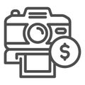 Selling photos on stock line icon. Photocamera and dollar coin symbol, outline style pictogram on white background Royalty Free Stock Photo