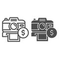 Selling photos on stock line and solid icon. Photocamera and dollar coin symbol, outline style pictogram on white Royalty Free Stock Photo