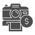 Selling photos on stock solid icon. Photocamera and dollar coin symbol, glyph style pictogram on white background Royalty Free Stock Photo