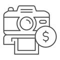 Selling photos on stock thin line icon. Photocamera and dollar coin symbol, outline style pictogram on white background Royalty Free Stock Photo