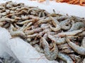 Selling raw shrimp in a supermarket. Fresh raw shrimps at the fish marke Royalty Free Stock Photo