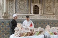 Selling white nougat in front of a mosque, Fez, Morocco Royalty Free Stock Photo