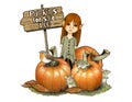 Elf Girl Selling Pumpkins, with Mice and Robin, Fall Harvest Royalty Free Stock Photo