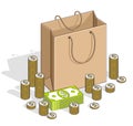 Sellout concept, Retail, Big Sale, Shopping Bag with cash money Royalty Free Stock Photo