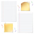 Sells and strips notebook paper with paper clips on white background.