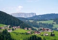 SELVA GARDENA, ITALY- SEPTEMBER 1, 2019: View across the town to the Sciliar Schlern mountain in the Dolomites.