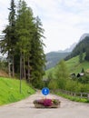 Selva Val di Gardena in Alto Adige, South Tyrol. Italy. Floral displays fill the town and even serve to block cars from