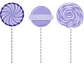 Set of three delicious purple lollipops Royalty Free Stock Photo