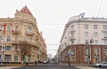 Semashko Lane. Misty autumn. Pedestrians hurry on their own bu