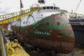 Sembawang, Singapore - Mar 6 2013: Seismic survey vessel POLARCUS NADIA in Sembawang floating dock under maintenance