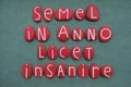 Semel in anno licet insanire, latin phrase meaning once in a year one is allowed to go crazy, composition with red colored stone l