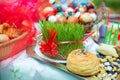 Semeni on vintage plate decorated with red cord on national style table cloth