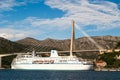 Semester at sea World Odyssey and MSC cruise ships docked at port Gruz in Dubrovnik, under Franjo Tudjman bridge