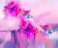 Semi- abstract image of flowers, in yellow pink and red with blue color. Modern art oil paintings for background