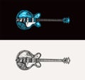 Semi-acoustic jazz bass guitar in monochrome engraved vintage style. Hand drawn sketch for Rock festival or blues and Royalty Free Stock Photo