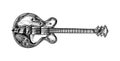 Semi-acoustic jazz bass guitar in monochrome engraved vintage style. Hand drawn sketch for Rock festival or blues and