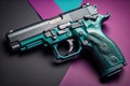 Semi-automatic handgun on a solid color background. Close-up. ai generative