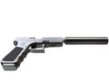 Semi - automatic modern tactical handgun with silencer - black chrome - top down view