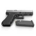Semi automatic pistol with magazine and ammo on a white. 3D illustration