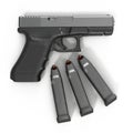 Semi automatic pistol with magazine and ammo on a white. 3D illustration